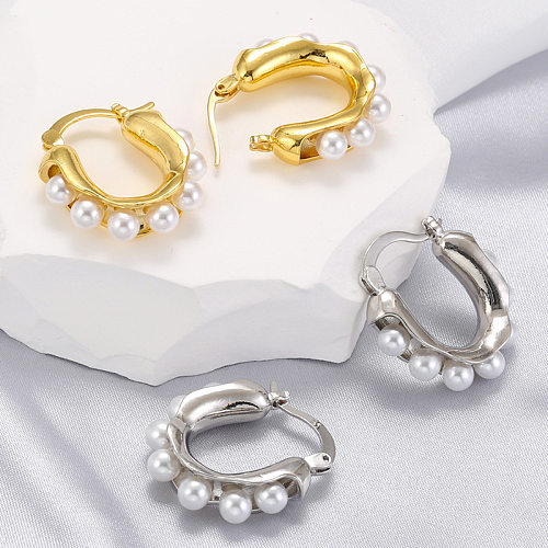 1 Paar einfache U-förmige Kupfer-Inlay-Ohrringe mit künstlichen Perlen