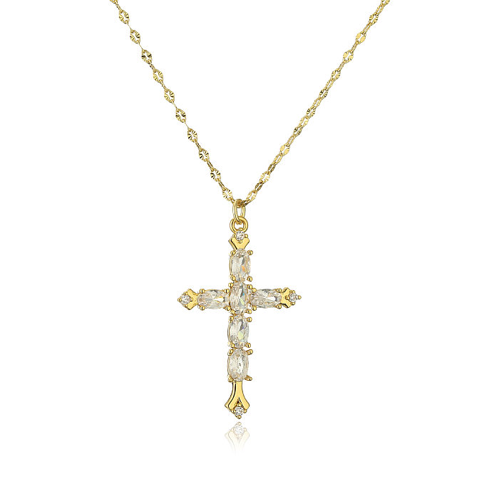 Collier pendentif en Zircon de perles artificielles, Style classique, croix brillante en forme de cœur, incrustation de cuivre