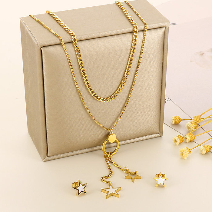 Elegant Commute Star Heart Shape Titanium Steel Layered Plating Hollow Out 18K Gold Plated Earrings Necklace
