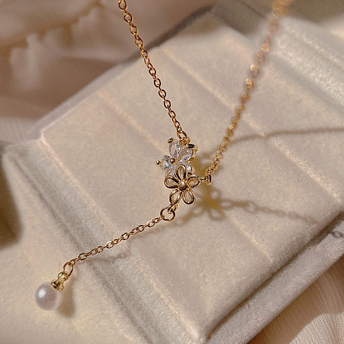 Casual Modern Style Flower Copper Gold Plated Zircon Pendant Necklace In Bulk