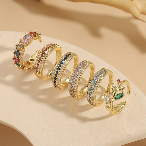 Elegant Leaves Copper Plating Inlay Zircon 14K Gold Plated Open Rings