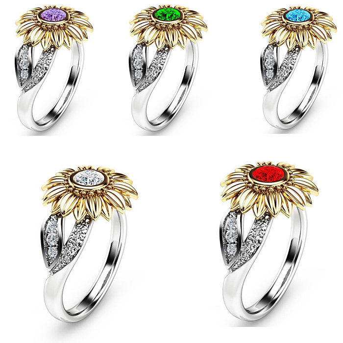 Modische Sonnenblumen-Blumen-Kupferbeschichtung, Inlay, künstliche Edelsteine, Ringe, 1 Stück