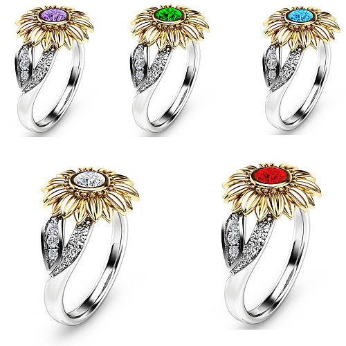 Fashion Sunflower Flower Copper Plating Inlay Artificial Gemstones Rings 1 Piece