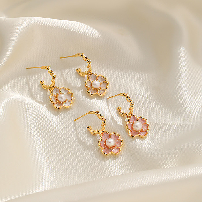 1 Pair Elegant Simple Style Korean Style Flower Epoxy Plating Inlay Copper Freshwater Pearl 18K Gold Plated Drop Earrings