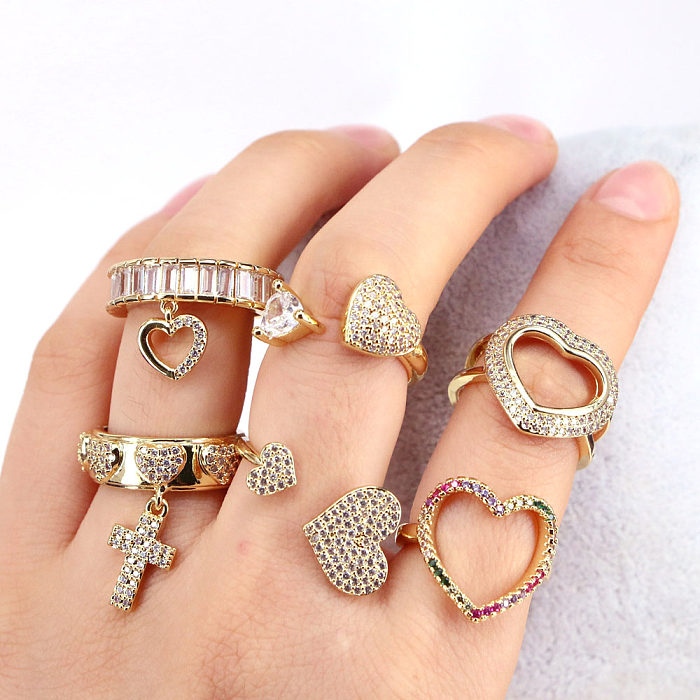 Fashion Cross Heart Shape Copper Open Ring Inlay Zircon Copper Rings