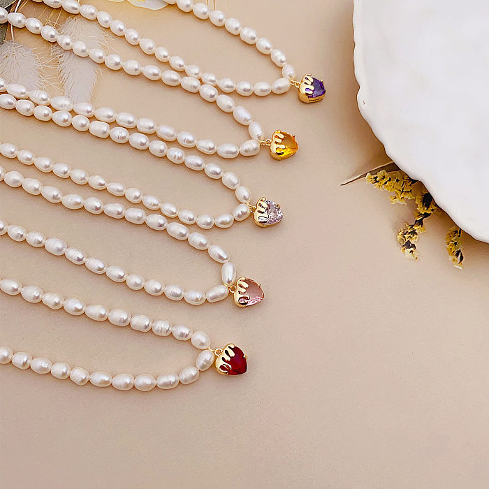 Simple Style Heart Shape Copper Beaded Inlay Zircon Pendant Necklace