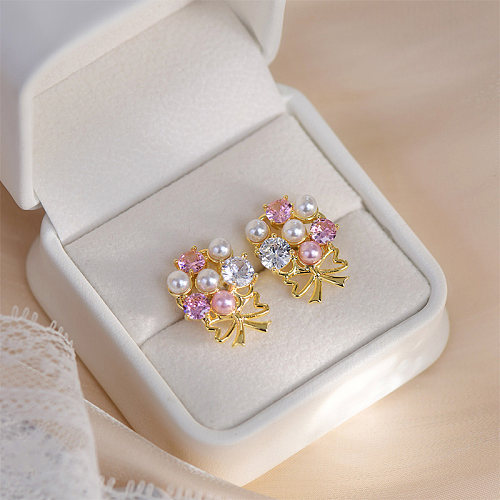 1 Pair French Style Simple Style Commute Bow Knot Plating Inlay Copper Artificial Pearls Zircon 14K Gold Plated Ear Studs