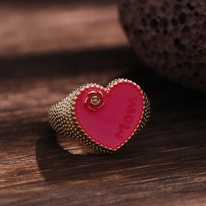Anéis abertos de cobre em forma de coração com letras elegantes para senhora