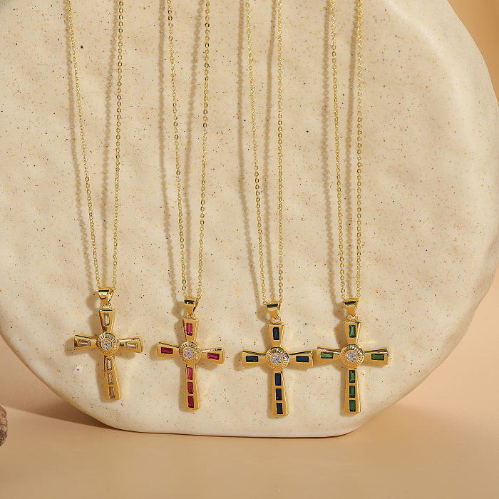 Luxurious Cross Copper Irregular Zircon 14K Gold Plated Pendant Necklace