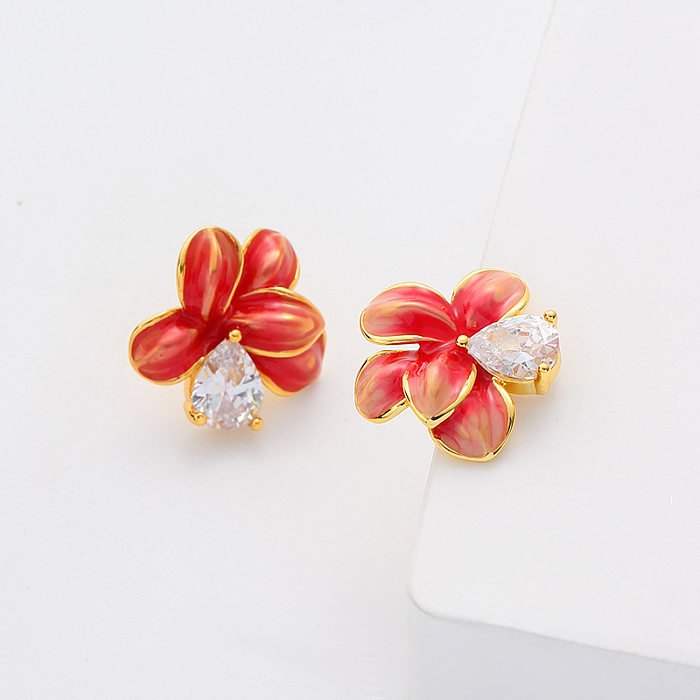 1 Pair Retro Flower Enamel Inlay Copper Rhinestones Ear Studs