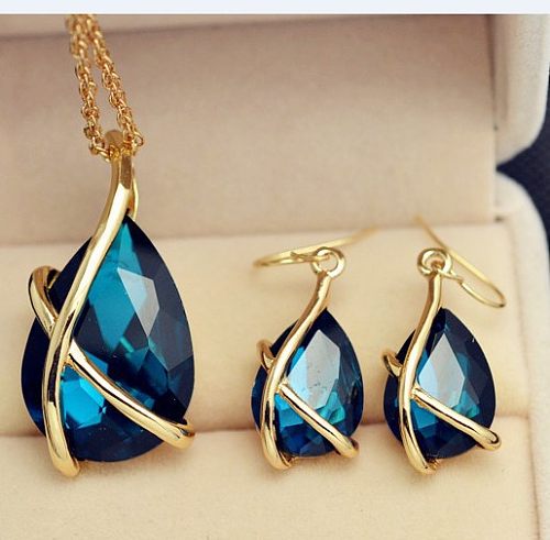 Elegant Water Droplets Alloy Titanium Inlay Artificial Gemstones Earrings Necklace 1 Set