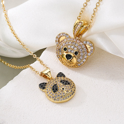 Retro Simple Style Panda Cat Copper Plating Inlay Zircon 18K Gold Plated Pendant Necklace