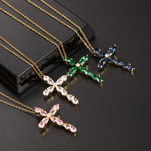 Schlichter Stil Kreuz-Kupfer-Inlay-Zirkon-Anhänger-Halskette, 1 Stück