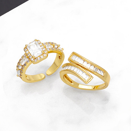 Moda estilo simples estilo clássico retângulo cobre chapeamento inlay zircon 18K anéis abertos banhados a ouro