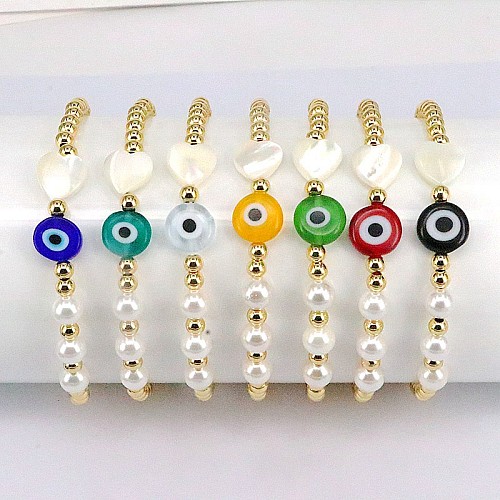 Hip-Hop Round Heart Shape Eye Imitation Pearl Rope Copper Beaded Gold Plated Shell Bracelets 1 Piece