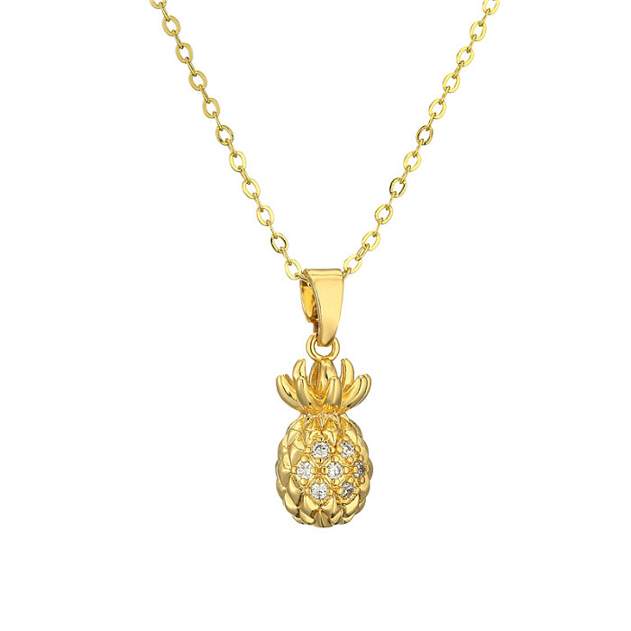 Streetwear Pineapple Copper Plating Inlay Zircon Gold Plated Pendant Necklace