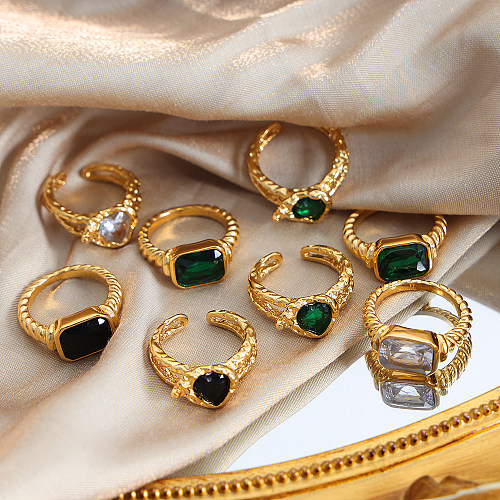 Retro luxuoso estilo francês geométrico coração forma cobre chapeamento inlay zircon 18k banhado a ouro anéis abertos