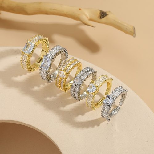 Luxurious Round Copper Plating Inlay Zircon 14K Gold Plated Open Rings