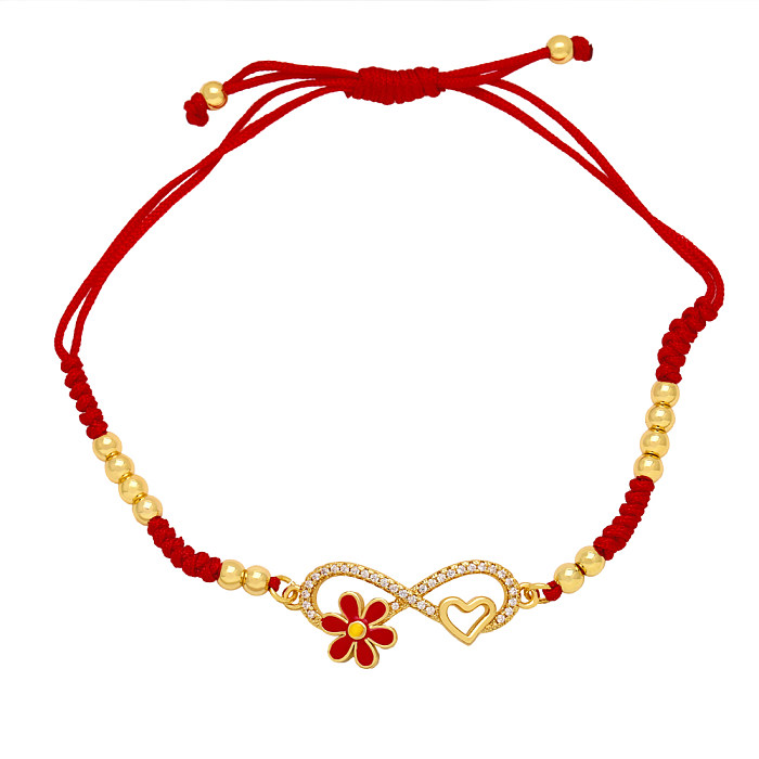 Ethnic Style Heart Shape Symbol Flower Rope Copper Enamel Braid Gold Plated Zircon Bracelets 1 Piece