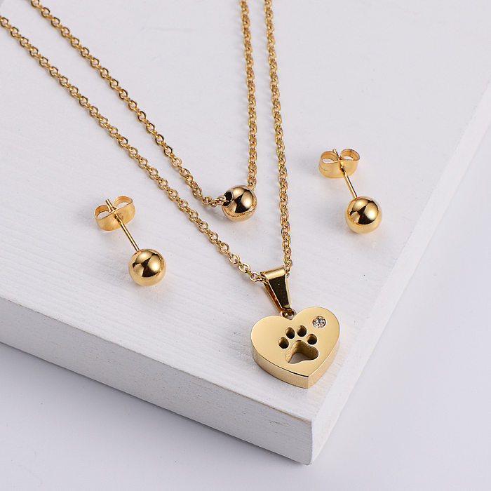 Boucles d'oreilles en perles rondes en forme de cœur, pendentif empreinte de chien, collier trois pièces, vente en gros de bijoux