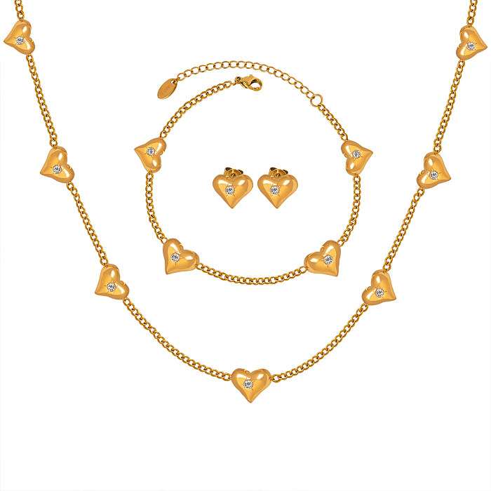 Elegant Simple Style Heart Shape Titanium Steel Inlay Zircon 18K Gold Plated Bracelets Earrings Necklace