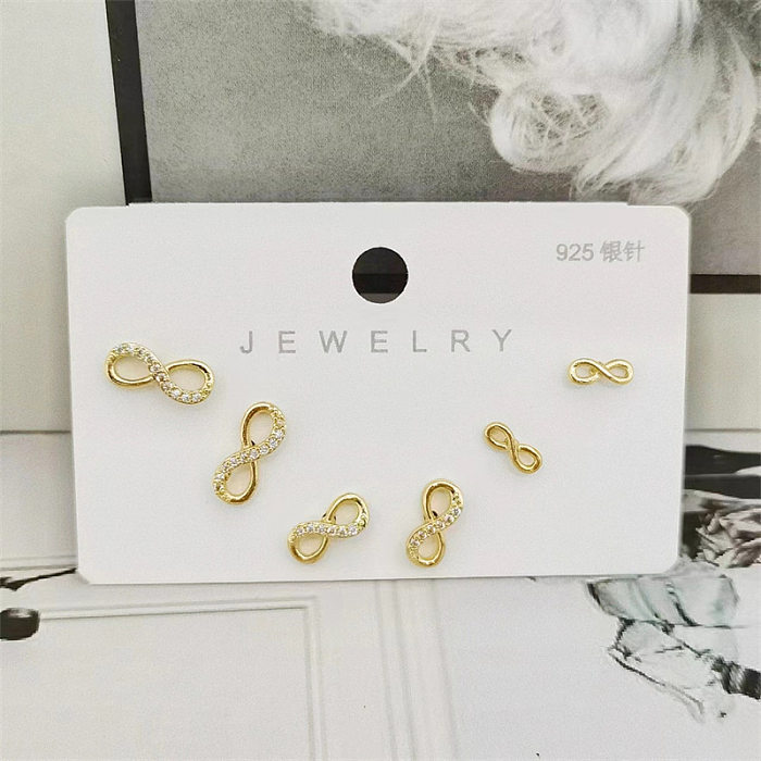 3 Pairs Elegant Simple Style Round Infinity Inlay Copper Zircon Ear Studs