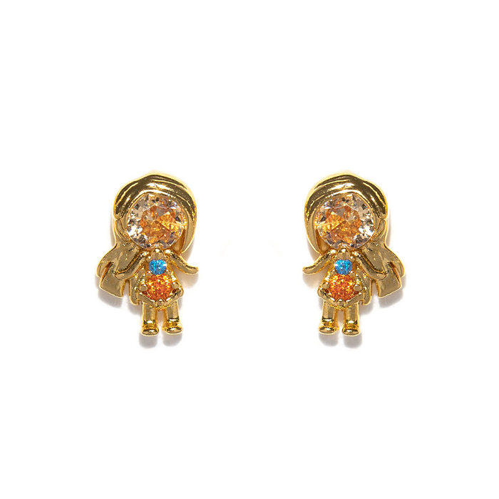 1 Set 1 Pair Simple Style Cartoon Character Inlay Brass Zircon Ear Studs