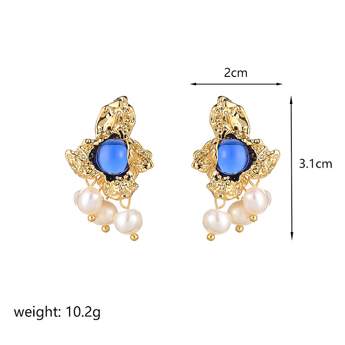 1 Pair IG Style Water Droplets Plating Metal Inlay Copper Natural Stone Freshwater Pearl Glass Stone 18K Gold Plated Ear Studs
