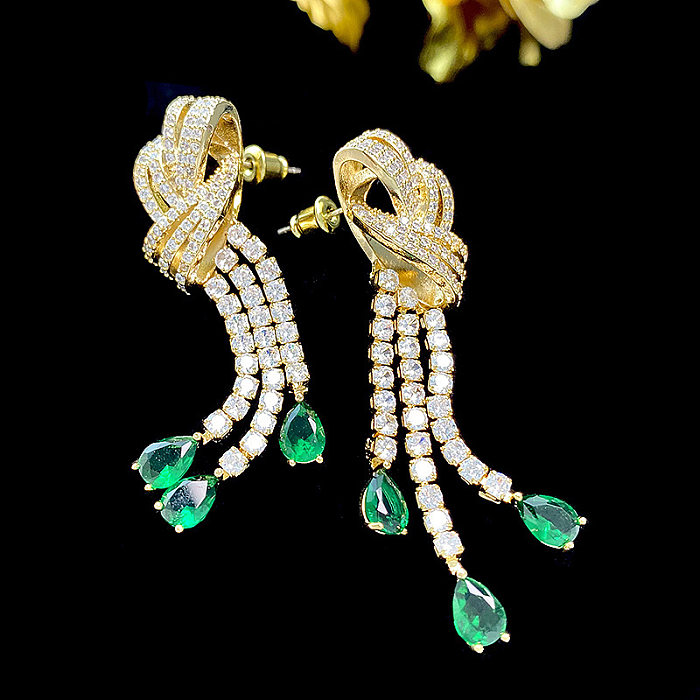 1 Pair Lady Water Droplets Knot Tassel Inlay Copper Zircon Drop Earrings