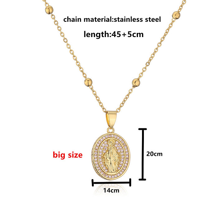 Micro Inlaid Zircon Oval Virgin Mary Pendant Stainless Steel Necklace