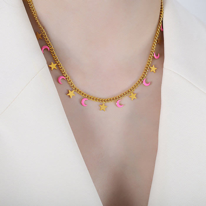 Elegant Streetwear Geometric Star Moon Titanium Steel Enamel Plating 18K Gold Plated Bracelets Necklace