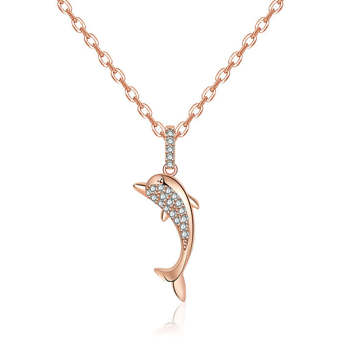 Cute Dolphin Copper Inlay Zircon Pendant Necklace