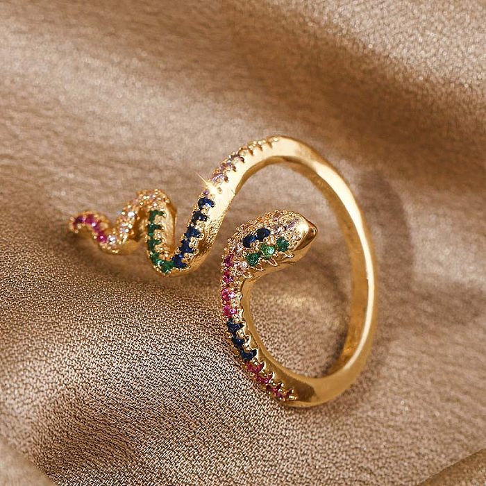 Anillo abierto de circonio con incrustaciones de cobre electrochapado en oro real de serpiente del zodiaco de moda