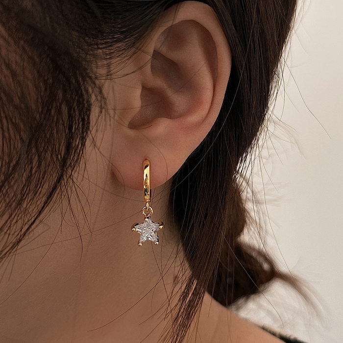 1 paire de boucles d'oreilles pendantes en cuivre et Zircon, Style IG, étoile ronde brillante, incrustation de placage