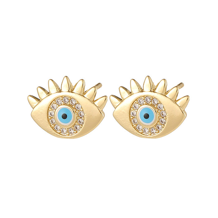 Retro Geometric Devil'S Eye Copper Ear Studs Inlay Zircon Copper Earrings