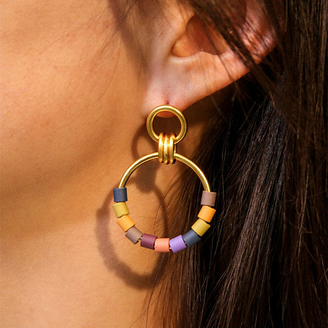 1 paire de boucles d'oreilles pendantes en cuivre plaqué or 18 carats, style simple, bloc de couleur, patchwork