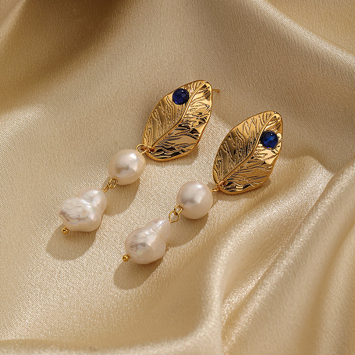 Boucles d'oreilles pendantes classiques rétro, 1 paire, incrustation de feuilles, résine de cuivre, perle d'eau douce, plaqué or 18 carats