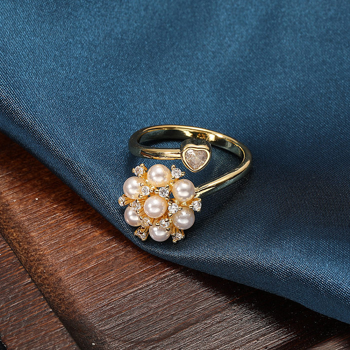 Anillo abierto de circonio con perlas artificiales con incrustaciones de cobre geométrico estilo IG