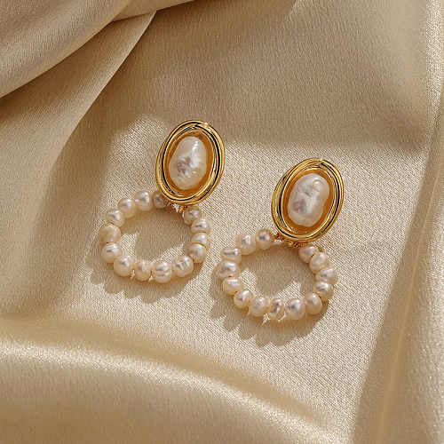 1 paire de boucles d'oreilles ovales, Style Simple rétro, incrustation de perles en cuivre, perle d'eau douce plaquée or 18 carats