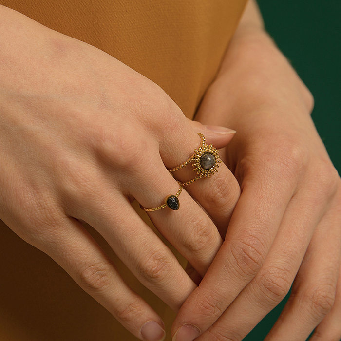 Bague d'ouverture tournesol en acier inoxydable, anneau en pierre naturelle à la mode