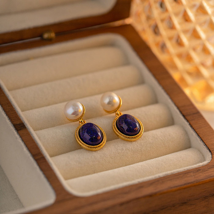 1 Pair Retro Oval Copper Inlay Artificial Gemstones Pearl Drop Earrings