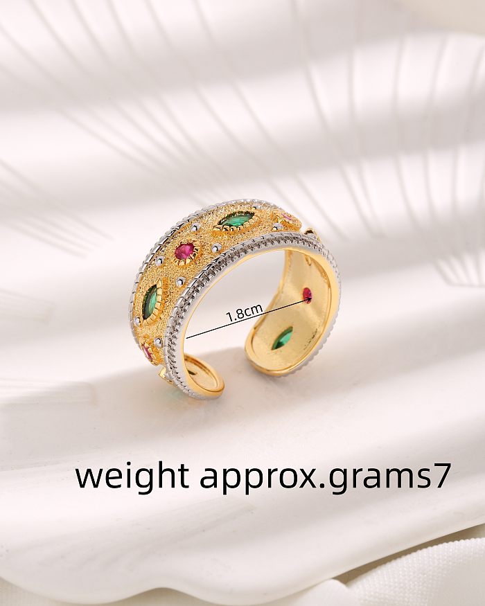 Glamouröse offene Ringe im Vintage-Stil mit Pferdeaugen-Verkupferung, Inlay aus Zirkon und 18 Karat Gold