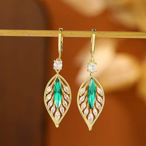 1 Pair Vintage Style Leaves Plating Copper Zircon 14K Gold Plated Dangling Earrings