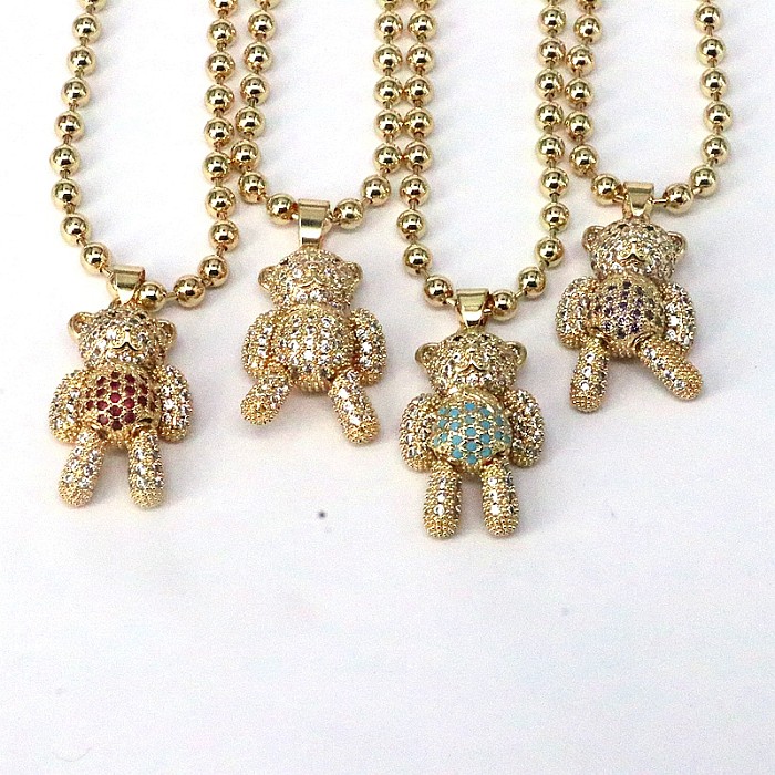 Hip-Hop Streetwear Little Bear Copper Gold Plated Zircon Pendant Necklace In Bulk