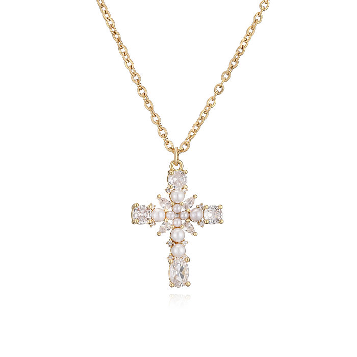 Classic Style Cross Copper Inlay Artificial Gemstones Pendant Necklace