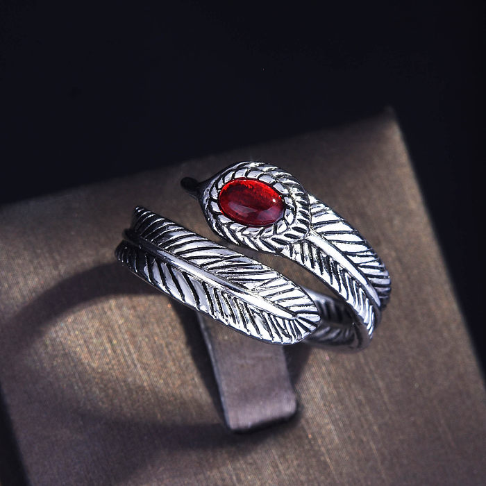 Anel aberto de penas de prata esterlina S925 banhado a diamante vermelho para homens e mulheres