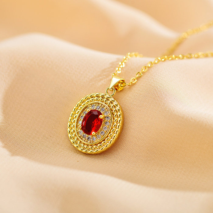 Retro Oval Water Droplets Titanium Steel Copper Inlay Zircon Gold Plated Pendant Necklace