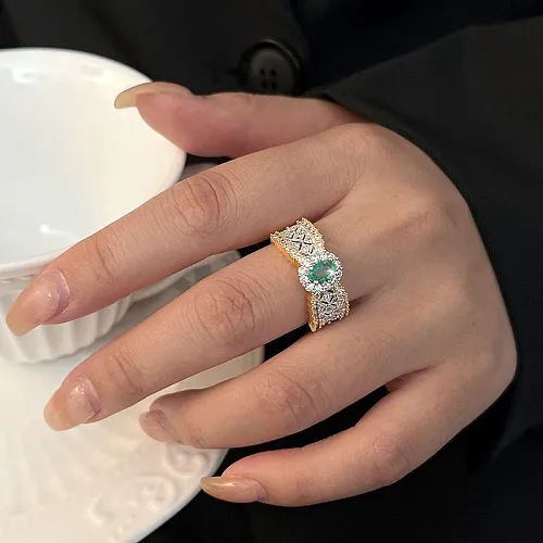 Elegant Oval Copper Plating Inlay Artificial Gemstones Gold Plated Open Rings