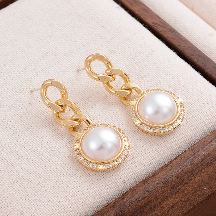 1 Pair IG Style Elegant Round Chain Inlay Copper Pearl Zircon 14K Gold Plated Drop Earrings