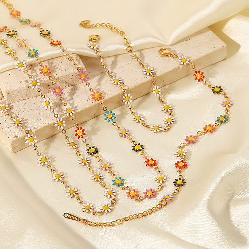 Colar de pulseiras banhado a ouro de aço inoxidável com flores da moda